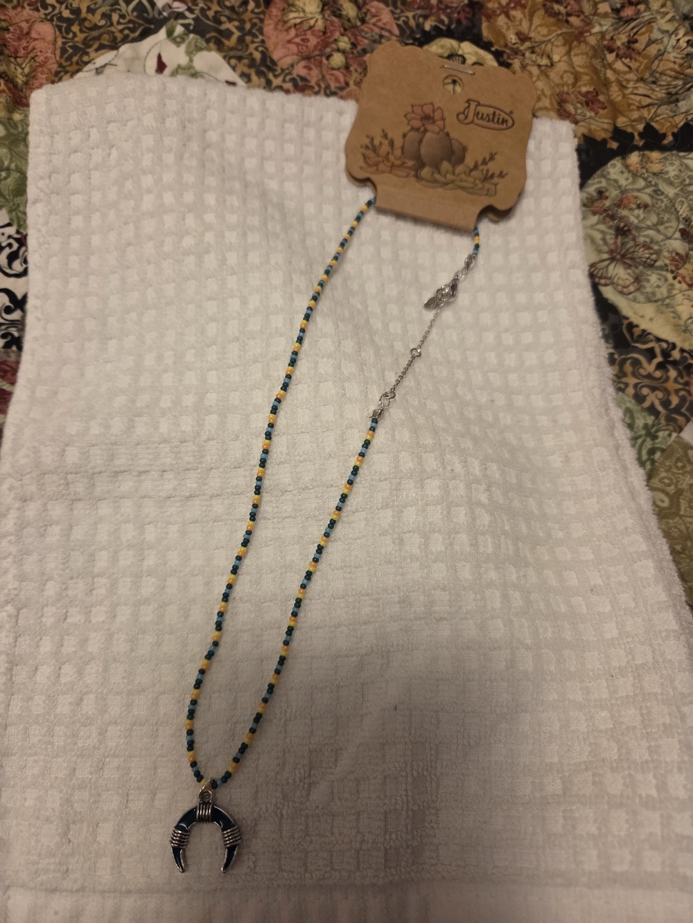 Justin Boots Teal and Yellow Seed Bead Necklace with Silver Crescent Charm